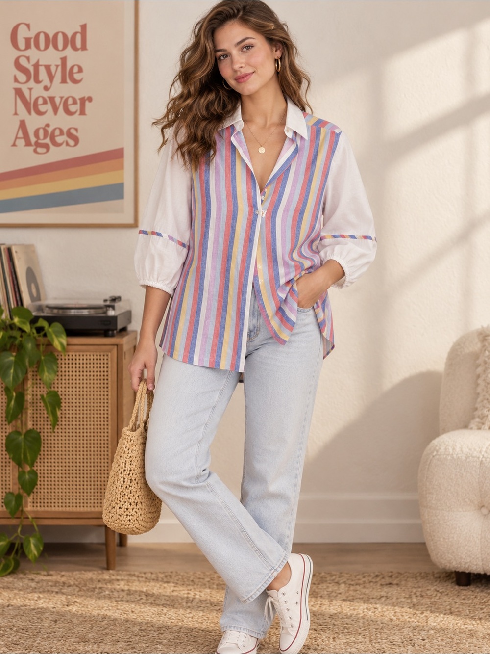 Vintage Puff Sleeve Rainbow Striped Shirt - Sz M